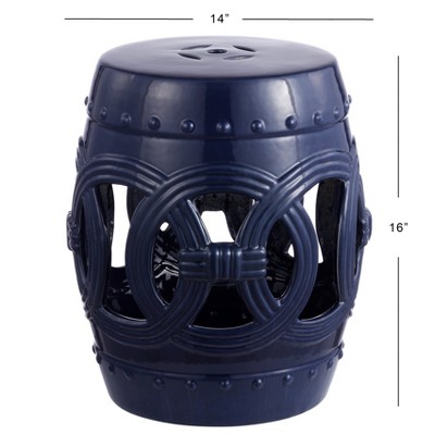 Navy Blue Ceramic Drum Garden Stool with Lucky Coin Design