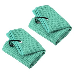 Unique Bargains Super Absorbent Waffle Pattern Tri-Fold Golf Towels with D Clips 2 Pcs - 1 of 4
