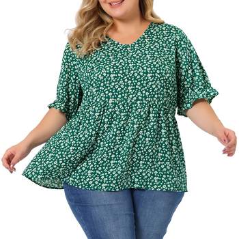 Agnes Orinda Women's Plus Size V Neck Floral Tiered Pleated Basic Casual Babydoll Blouses