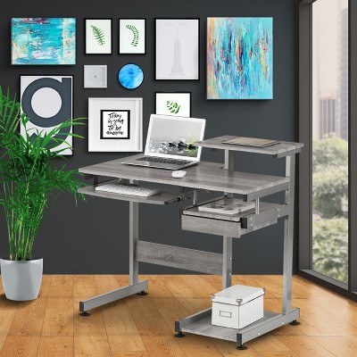 Sleek Gray MDF and Steel Compact Computer Desk with Drawers