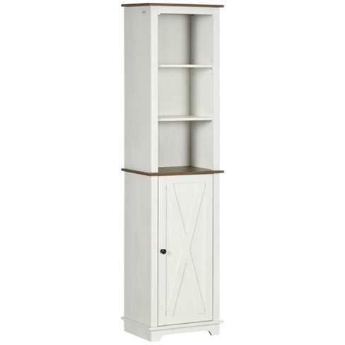 kleankin Tall Bathroom Storage Cabinet, Free Standing Bathroom Cabinet Slim Side Organizer w/ 3-Tier Open Shelf, Bamboo Door, White