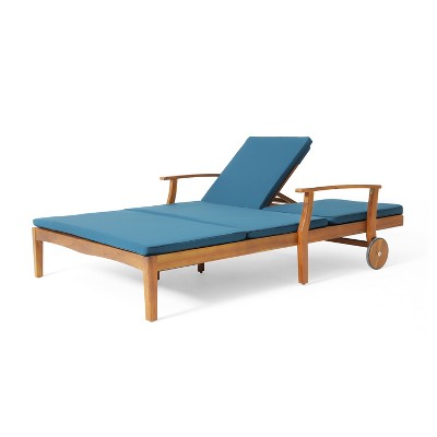 Samantha Double Chaise Lounge with Blue Cushions and Acacia Wood Frame