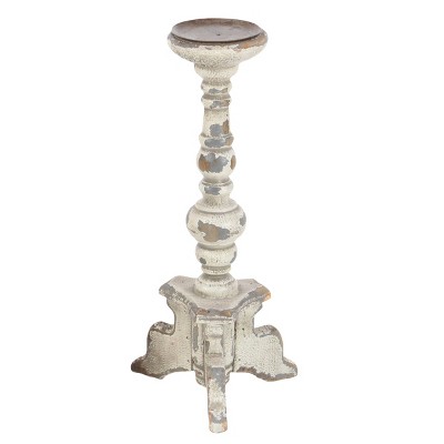 Distressed White and Gray Wooden Pillar Candle Holders Set
