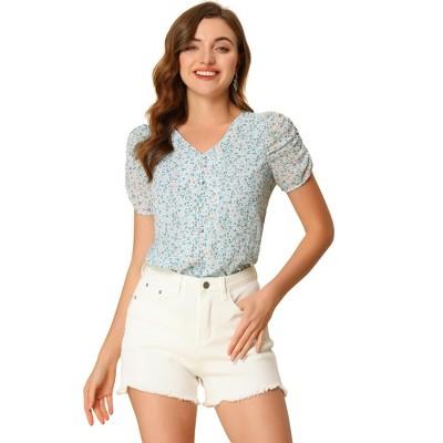 Allegra K Women's Button Front Puff Short Sleeves Chiffon Floral Top