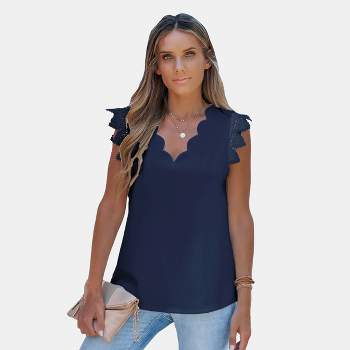 Women's Scalloped Contrast Lace V-Neck Top - Cupshe