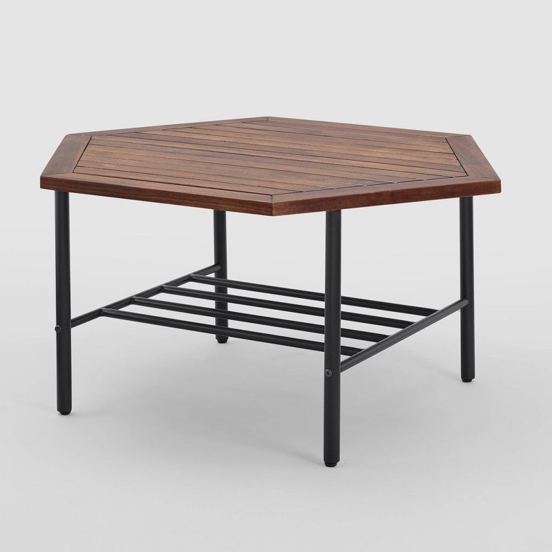 Saybrook Modern Metal and Wood Patio Hexagon Coffee Table - Dark Brown - Saracina Home, 6 of 15