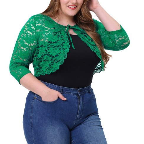 Agnes Orinda Women's Plus Size Shrug 3/4 Sleeves Tie Crop Bolero Cardigan Dark Green :