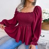 MISSKY Women's Casual Square Neck Shirred Lantern Long Sleeve Frill Trim Flared Hem Blouse Shirt Top - 2 of 4