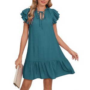 Womens Summer Dresses 2025 V-Neck Drawstring Ruffle Cap Short Sleeve Side Pockets Mini Dress Sundress - 1 of 4