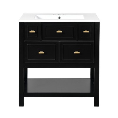 Vynxaria 30 inch Black Freestanding Single Sink Bath Vanity with White Ceramic Top Five Full Extension Drawers Gold Metal Knobs Solid Wood Frame