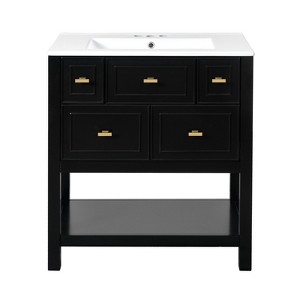 Vynxaria 30 inch Black Freestanding Single Sink Bath Vanity with White Ceramic Top Five Full Extension Drawers Gold Metal Knobs Solid Wood Frame - 1 of 4