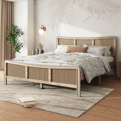 Christopher Knight Home Odila Boho Wood Platform Bed with Rattan Curved Adjustable Height Headboard