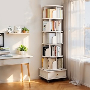 KTMBDW 6 Tier Rotating Bookshelf, 360° Display Round Spinning Bookshelf with Wheels and Drawer, Rotating Bookshelf Tower for Bedroom, Living Room - 1 of 4