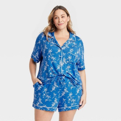 Women's Cloud Knit Short Sleeve Top and Shorts Pajama Set - Auden™ Blue/Branches 1X