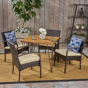 Christopher Knight Home Clayton Outdoor Acacia Wood and Wicker 5 Piece Dining Set with Cushion, Teak/Multibrown - 1 of 4