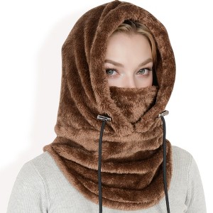 Anna-Kaci Women's Faux Shearling Hooded Scarf with Adjustable Drawstrings and Extended Neck Coverage - 1 of 4