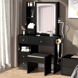 Vanity Desk Set, Makeup Table With Cushioned Stool, Drawers, Brightness Adjustable Mirror Light, 2 AC Powers And 2 USB Ports Built-in Socket - 1 of 4