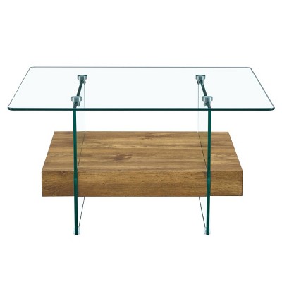 GlasFlength Coffee Tables Modern Two Tier Square Table Clear Glass and Light Wood Texture For Living Room Decor, Clear, 31.4"*31.4"*16.6"
