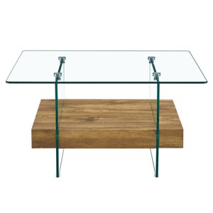 GlasFlength Coffee Tables Modern Two Tier Square Table Clear Glass and Light Wood Texture For Living Room Decor, Clear, 31.4"*31.4"*16.6" - 1 of 4