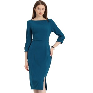 INSPIRE CHIC Women's Elegant Boat Neck 3/4 Sleeves Work Midi Split Sheath Dress - 1 of 4