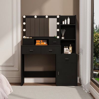 Makeup Vanity Desk With 10 LED Lights Mirror, 3 Open Shelves,1 Hidden Shelves, And 4 Drawers, Versatile Desk Makeup, Black