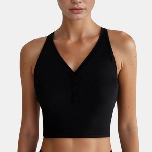 Anna-Kaci Active Women's Longline V-Neck Sports Bra with Faux Button Detail and Wide Shoulder Straps for Low Impact Support - 1 of 4