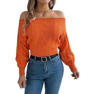 Coolmee Women Off Shoulder Sweaters Long Sleeve Cable Knit Cropped Going Out Fall Tops Blouse - 1 of 4