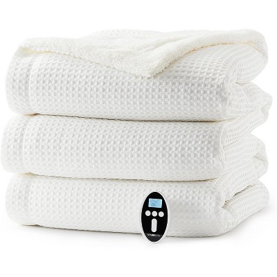 Waffle Heated Throw Blanket, Machine Washable Electric Blankets Fast Heating with LCD Controller, 6 Heat Levels & 1-4H Time Settings, White, 84"x90"
