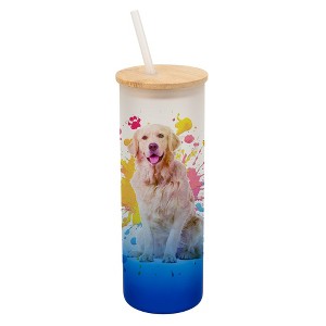 100 North 25 Ounce Frosted Glass Gradient Travel Tumbler With Straw & Wooden Lid, Golden Retriever Paint Splatter Navy Blue - 1 of 4