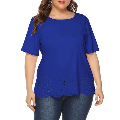 Womens Plus Size Summer Tops Scoop Neck Loose Fit T-Shirts Plus Size Short Sleeve Hollow Out Design Tops