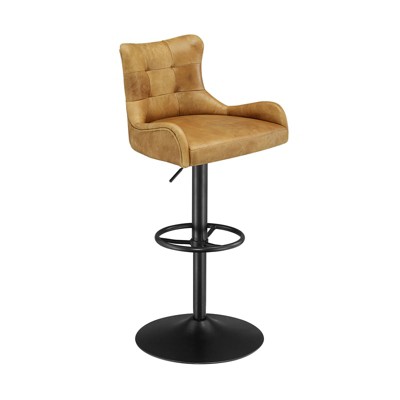 HOMLUX Genuine Leather Adjustable Swivel Bar Stool with Tufted Backrest
