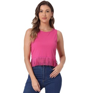 INSPIRE CHIC Women's Ribbed Knit Crew Neck Sleeveless Crop Tassel Trim Tank Tops - 1 of 4