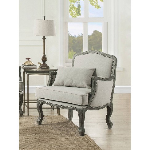 29" Tania Accent Chair Cream Linen Brown Finish - Acme Furniture: French Cabriole, Nailhead Trim, No Assembly Required - image 1 of 4