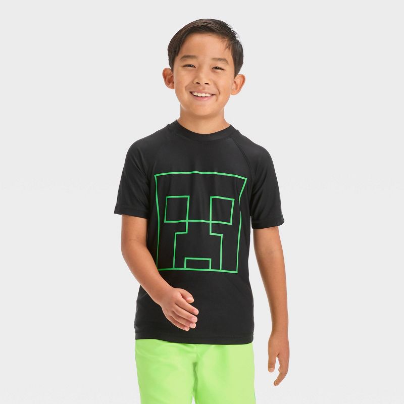 Boys&#39; Minecraft Fictitious Character Rash Guard Top - Black, 1 of 4
