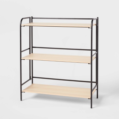 4-Tier Black Metal Baker Rack with Folding Wooden Top Shelves