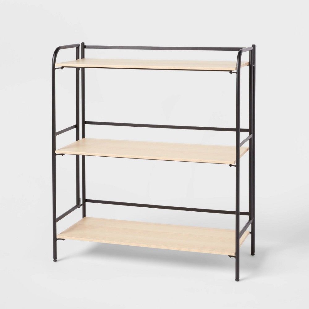 Photos - Wall Shelf Folding 3 Shelf Wide Black Metal with Natural Wood Shelves - Brightroom™: