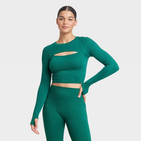 Women's Textured Seamless Long Sleeve Top - JoyLab Dark Green L