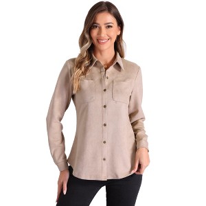 Allegra K Women's Faux Suede Stretch Casual Button Down Long Sleeve Shirt - 1 of 4