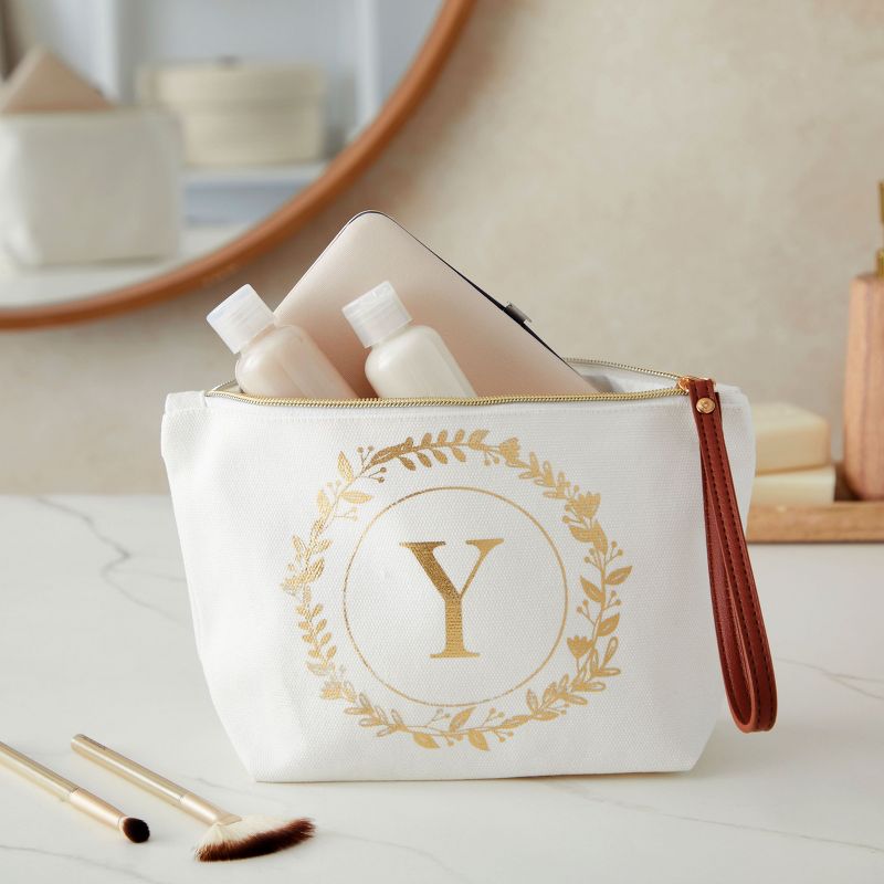 Gold Initial Y Personalized Makeup Bag for Women, Monogrammed Canvas Cosmetic Pouch (White, 10 x 3 x 6 In), 2 of 9
