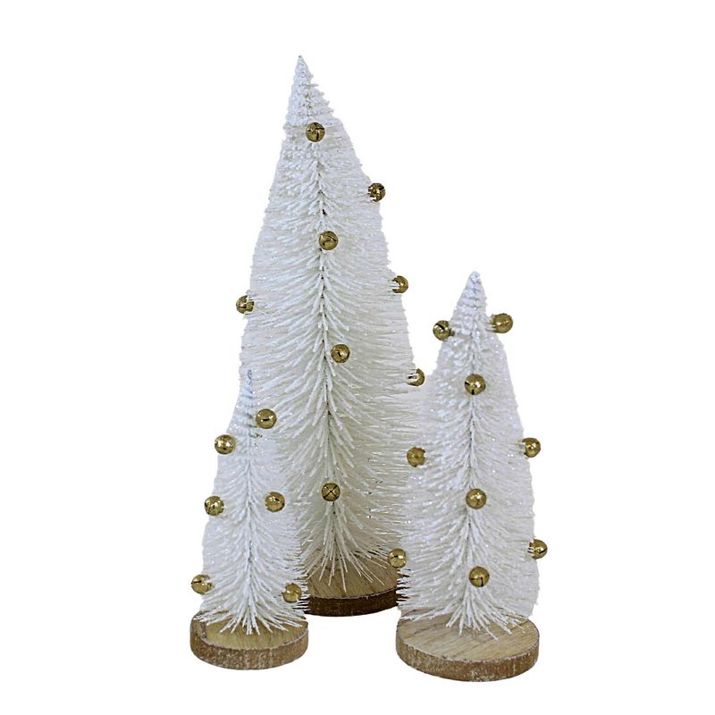 Option 2 10.0 Inch White Bristle Tree With Gold Bells Christmas  Wooden Base Bottle Brush Trees, 1 of 4