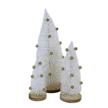 Option 2 10.0 Inch White Bristle Tree With Gold Bells Christmas  Wooden Base Bottle Brush Trees