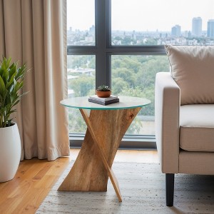 Modern Acacia Wood & Glass Accent Table Contemporary Side Table for Living Room, Bedroom, Home & Office 21" Brown - 1 of 4