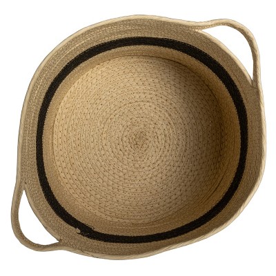Natural Handwoven Paper Rope Basket with Black Stripe and Handles