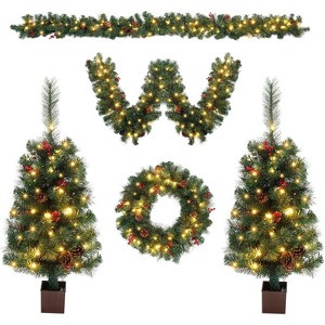 VINGLI Pre-lit Christmas Tree 5-Piece Set with LED Lights, Christmas Garlands, Wreath and Set of 2 Entrance Trees - 1 of 4