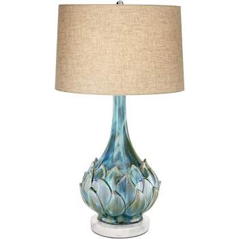 Possini Euro Design Modern Table Lamp with Round White Marble Riser 29 1/2" Tall Blue Green Ceramic Beige Linen Drum Shade for Bedroom Living Room