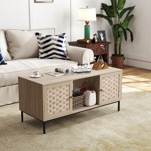 Elegant Veneer Weaving Design Coffee Table With Sliding Door, Wooden Center Rectangular Table With Symmetrical Design Storage Cabinet For Living Room - 1 of 4