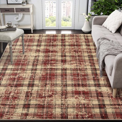 Modern Rug Washable Rug Buffola Plaid Rug for Living Room, Neutral Rug Non Slip, Low Pile Thin Rug, Distressed Soft Rug, Indoor Foldable Printed Rug