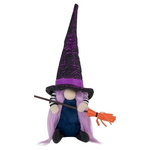Northlight Gnome Witch with Broom and Pointy Hat Halloween Figure - 14" - Black and Purple - 1 of 4