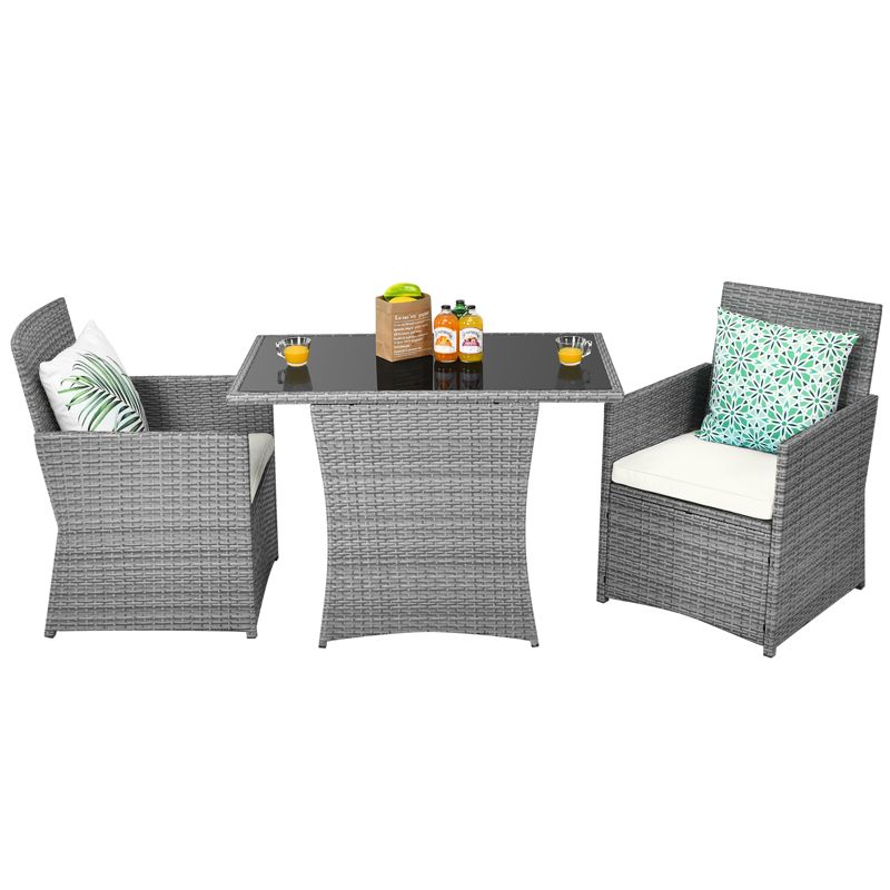 Tangkula 3PCS Patio Rattan Furniture Set Outdoor Wicker Table & Chair Set w/Cushions White/Red/Gray/Turquoise/Navy, 4 of 7