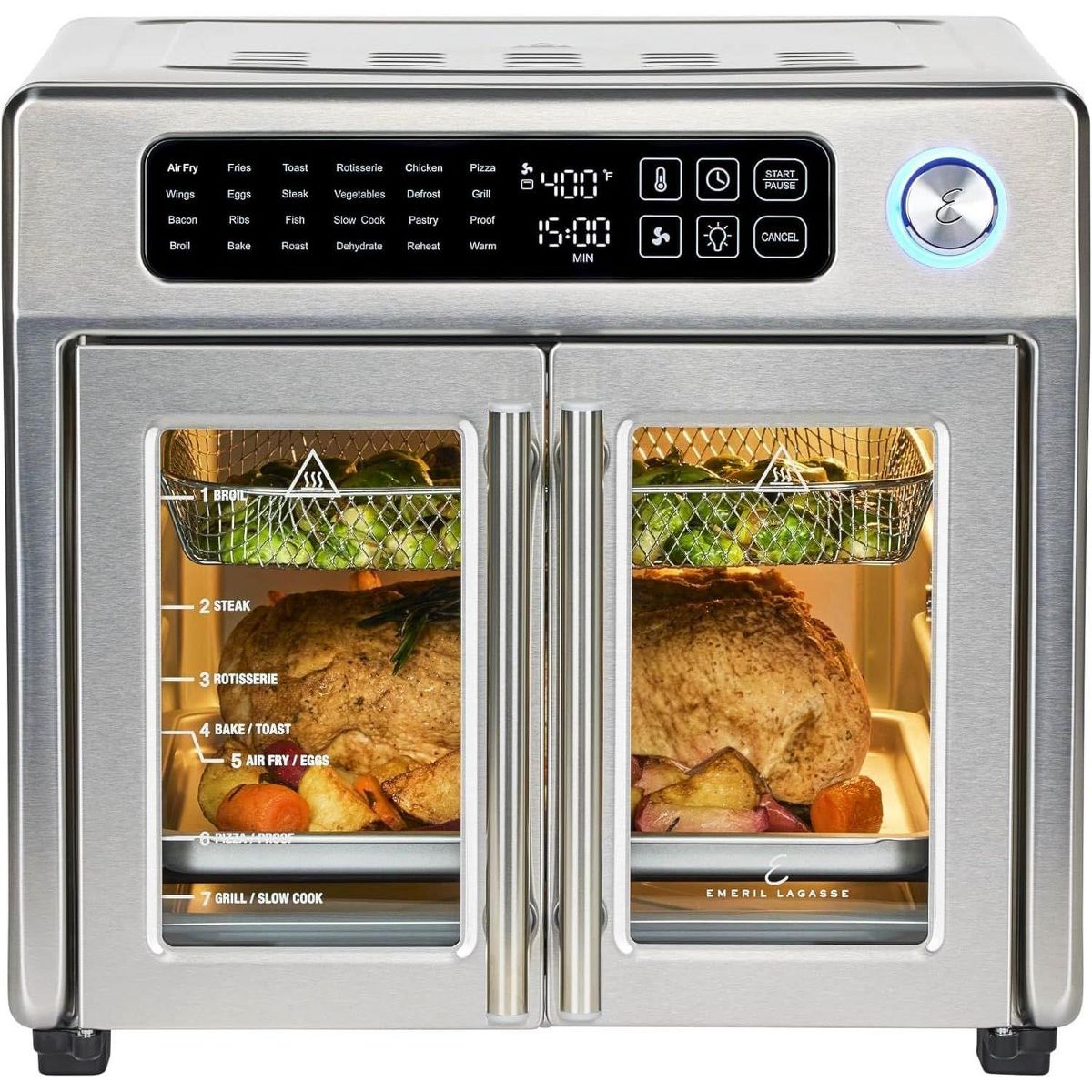 Emeril Lagasse Extra Large French Door Air Fryer Toaster Oven Combo, 25 Cooking Functions w/ Digital Controls, 7 Accessories, Stainless Steel Finish